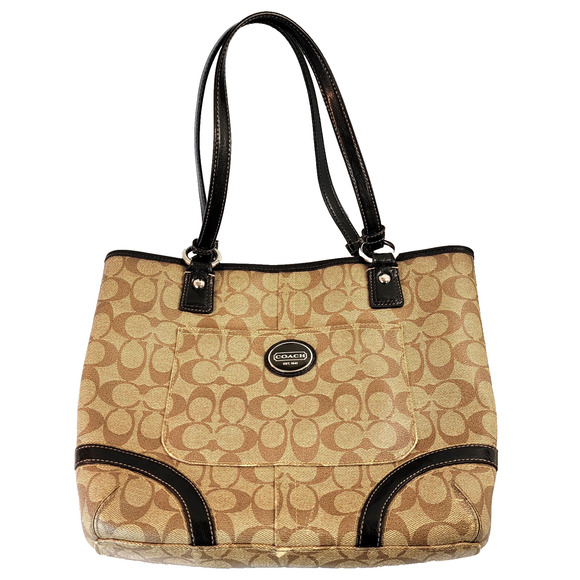 Coach F18917 'Peyton' Tan Signature Logo Print Tote Heritage Handbag - Picture 1 of 13
